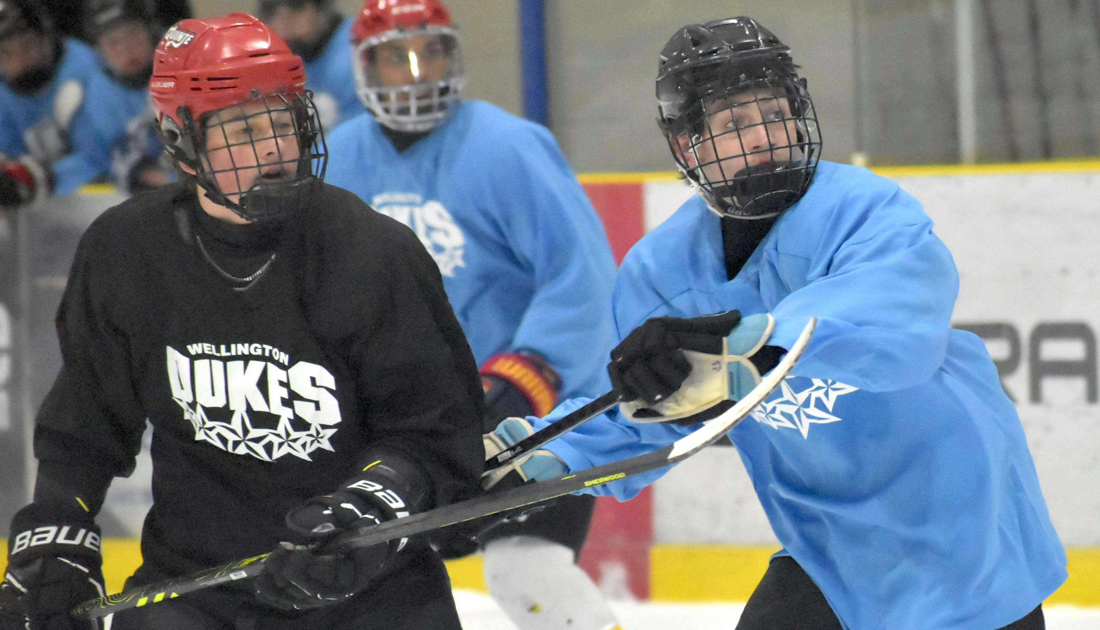 <p>(From Left) Quinte Red Devils product Carter Musclow keeps an eye on Sebastien Kaminisky at<br />
Wellington Dukes Mini Camp May 4. Mr. Kaminisky is the younger brother of former Duke Jan Kaminisky and son of former NHLer Yan Kaminisky. (Jason Parks/Gazette Staff)</p>
