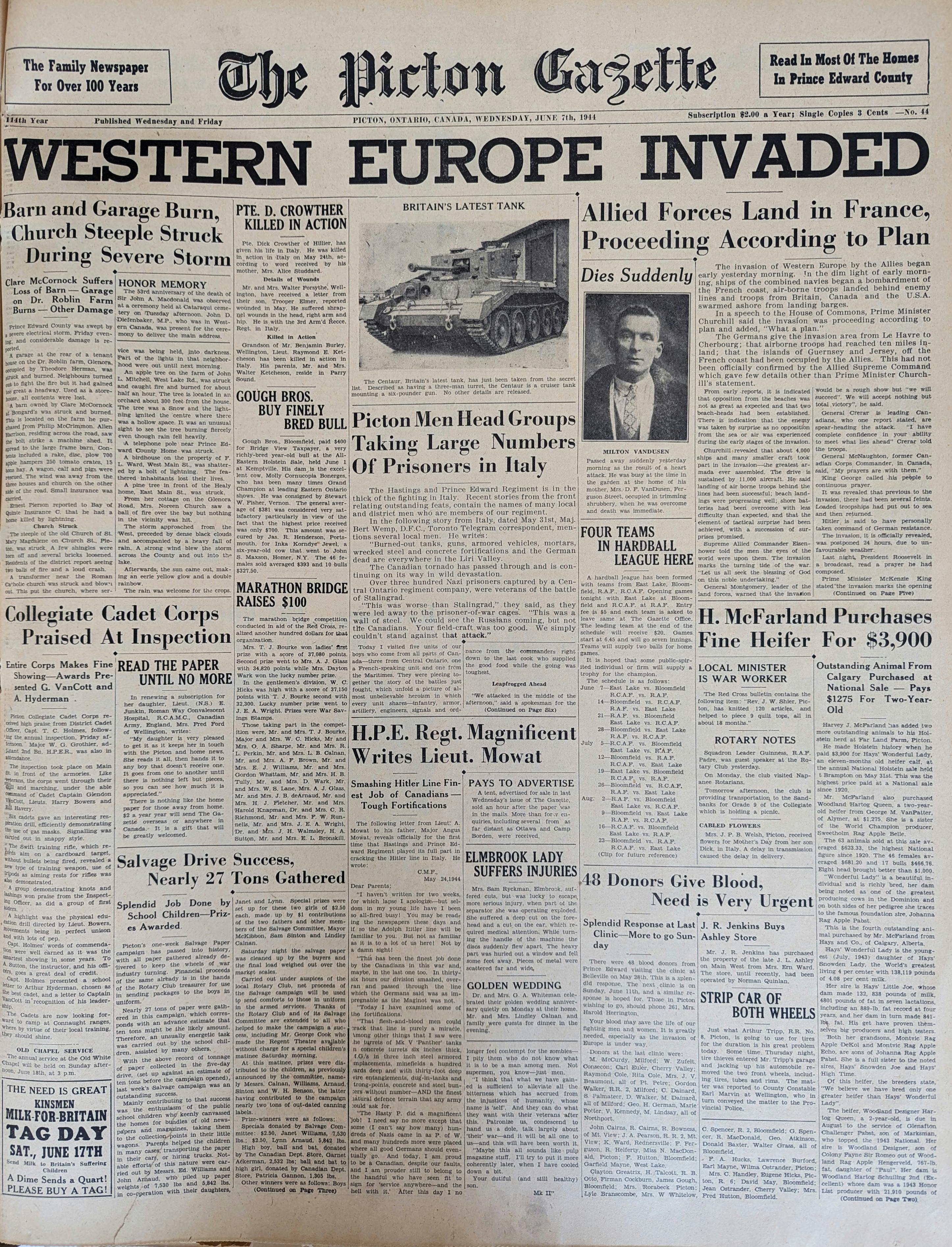<p>Front Page of the Picton Gazette, 7 June 1944</p>
