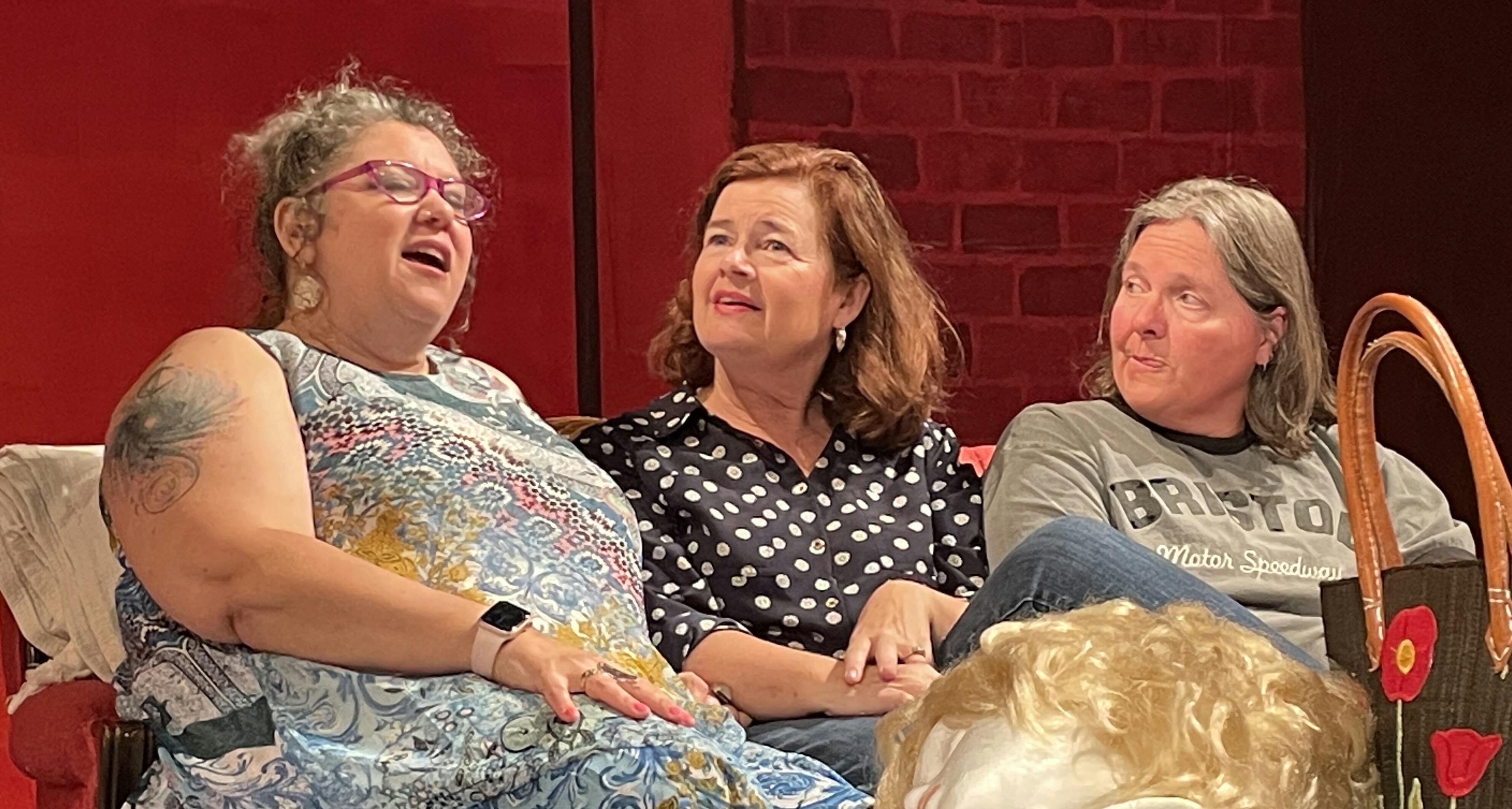 <p>The Cousins: Lesley Snyder as Peaches Verdeen (“The No. 1 Mortuarial Cosmetologist for this part of the state”), Colleen Simm as Gaynelle Verdeen Bodeen, and Susie Mitchell as Jimmie Wyvette Verdeen. (Karen Valihora/Gazette Staff)</p>
