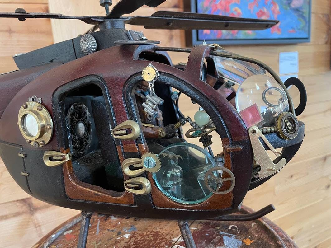 <p>IMAGINARY AVIATION SERIES  The Opticopter assemblage sculpture by Colleen Manestar. (Karen Valihora/Gazette Staff)</p>
